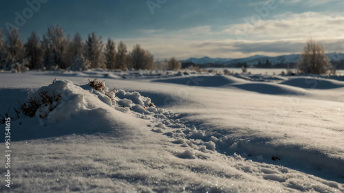 Blankets of snow on winter landscape background