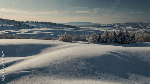 Blankets of snow on winter landscape background