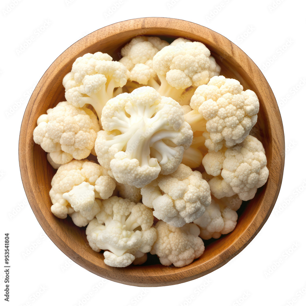 White cauliflower cut in pieces on wooden bowl top view isolated on transparent background White cauliflower cut in pieces on wooden bowl top view isolated on transparent background