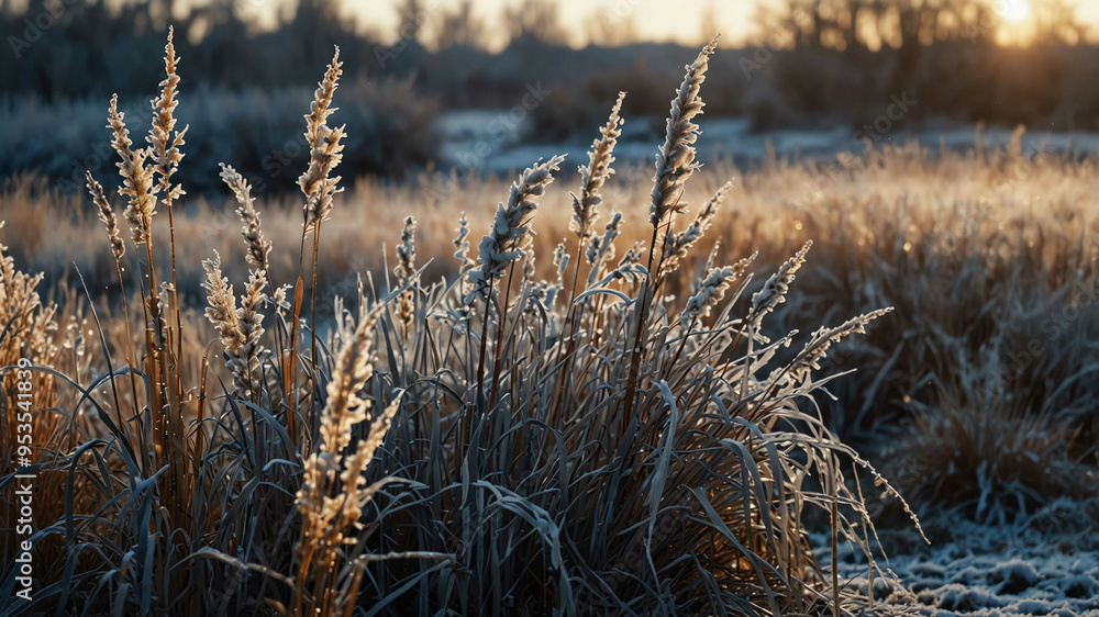 Fototapeta premium Frost covered reeds in winter landscape background