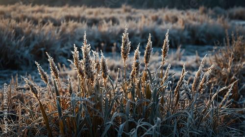 Frost covered reeds in winter landscape background photo