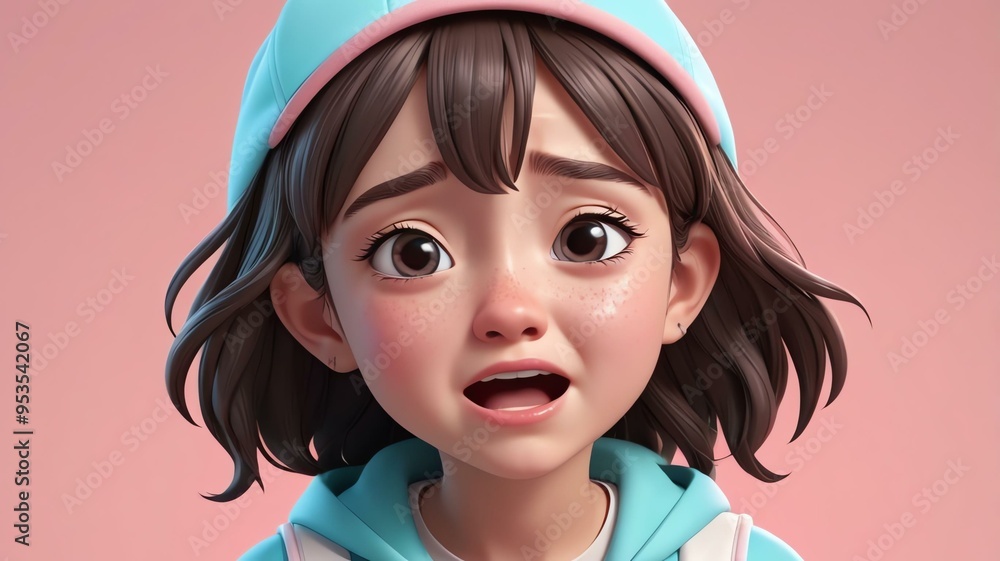 crying preteen female in cute 3D style background crying preteen female in cute 3D style background