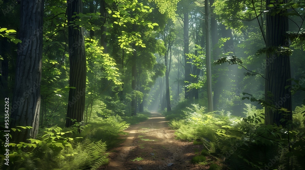 A serene forest path surrounded by towering green trees and soft sunlight filtering through the canopy. A serene forest path surrounded by towering green trees and soft sunlight filtering through the canopy.