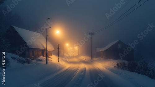 winter snow covered road, long road lost in thick fog, dim street lights in the distance, small houses with snow covered roofs on the side of the road, AI generated images