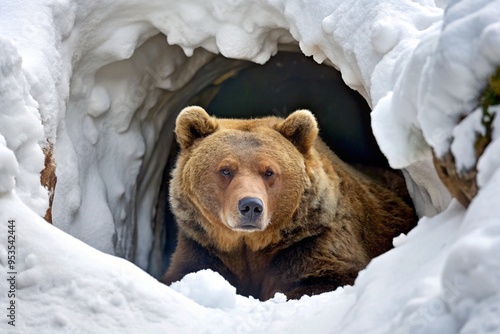 A bear hibernating in a snow-covered cave