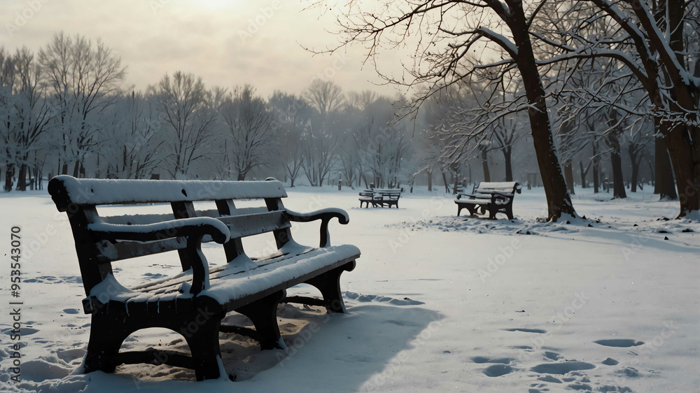 Snow covered benches in a winter landscape background Snow covered benches in a winter landscape background
