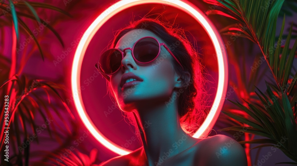 Woman in Sunglasses with Neon Ring Light Woman in Sunglasses with Neon Ring Light