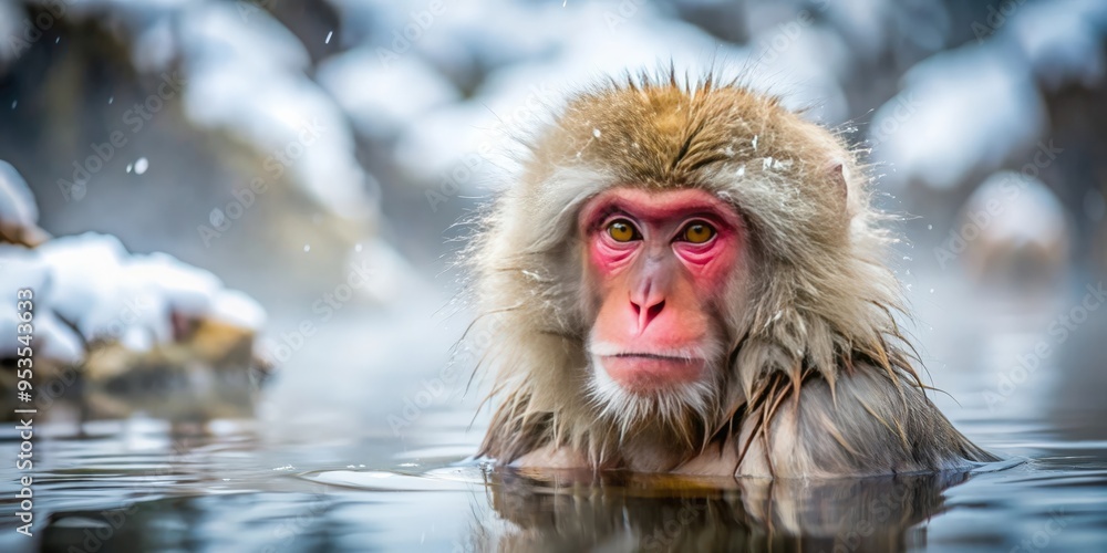 Obraz premium Japanese snow monkey taking a relaxing bath in a hot spring during winter, snow monkey, Japanese macaque, bath, hot spring
