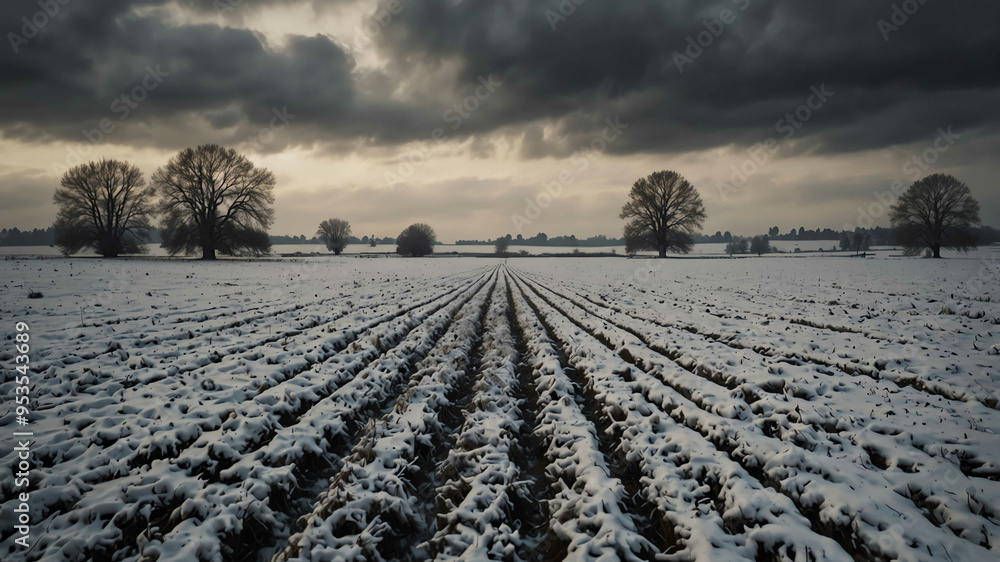 Obraz premium Snow covered fields under grey sky winter landscape background