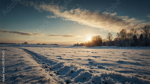 Snow covered fields under blue sky winter landscape background
