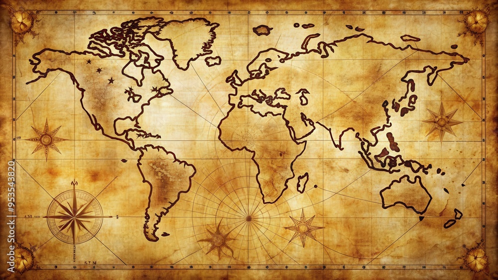 Fototapeta premium Old nautical treasure map background, vintage, pirate, adventure, exploration, ancient, aged, compass, travel, old world, parchment