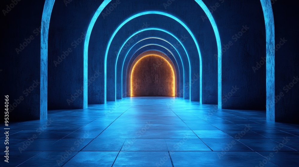 Fototapeta premium A captivating corridor with glowing arches in blue and orange, creating a futuristic and immersive atmosphere.
