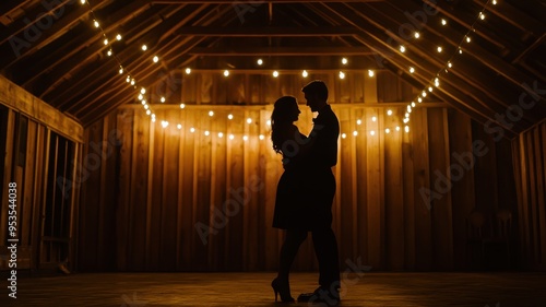 Romantic Silhouette of a Couple Dancing in a Rustic Barn with String Lights photo