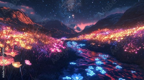 Wallpaper Mural Dreamy Night Landscape with Glowing Flowers and Milky Way Torontodigital.ca