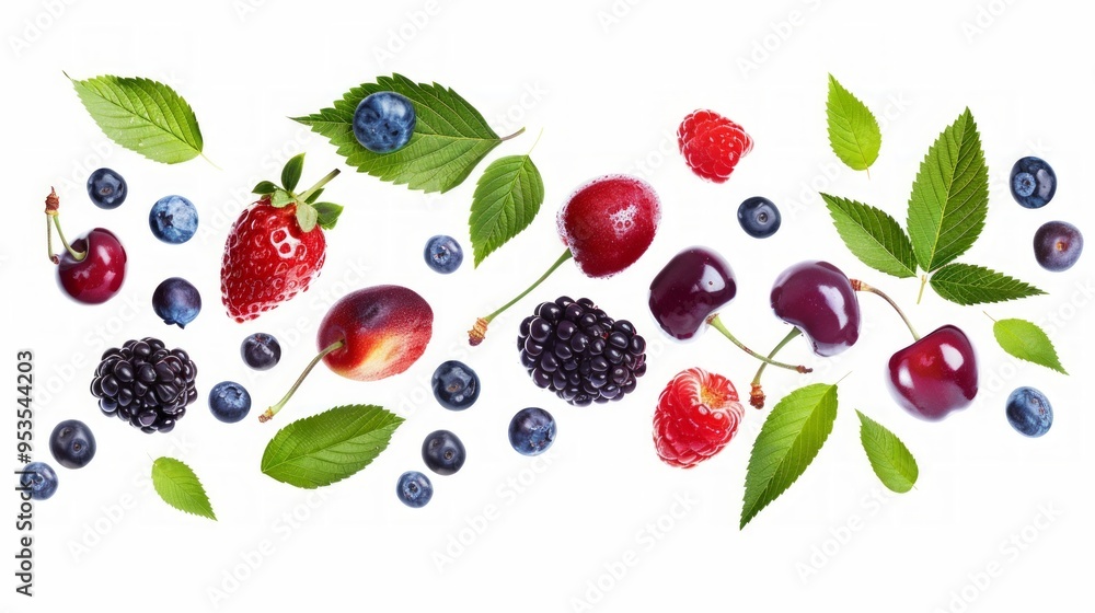 A vibrant assortment of fresh fruits and leaves arranged beautifully. Berries, cherries, and green leaves create a natural and healthy style. Perfect for culinary or health-related themes. AI A vibrant assortment of fresh fruits and leaves arranged beautifully. Berries, cherries, and green leaves create a natural and healthy style. Perfect for culinary or health-related themes. AI