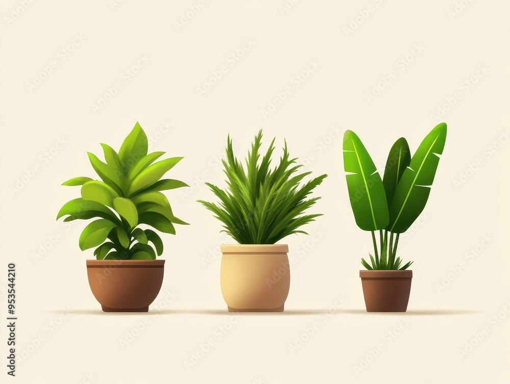Fototapeta premium Three potted houseplants in different decorative pots against a light background. Perfect for home decor and interior design inspiration.