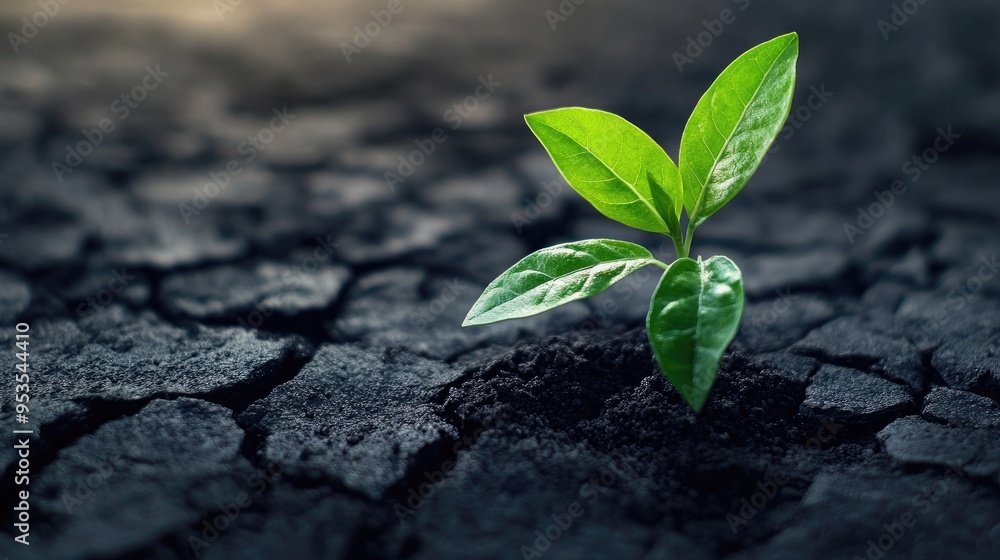Young sapling emerging from cracked ground, symbolizing hope and resilience in harsh environmental conditions Young sapling emerging from cracked ground, symbolizing hope and resilience in harsh environmental conditions