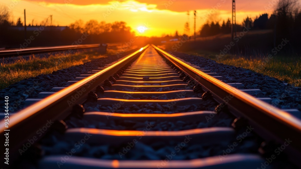 Fototapeta premium Sunset over railway tracks in countryside, capturing the scenic beauty of golden light reflecting off the rails and extending into the horizon.