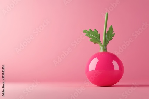 A radish is sitting on a pink background