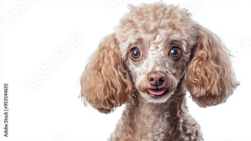 A close-up portrait of an adorable poodle dog with its tongue sticking out, isolated on a white background 