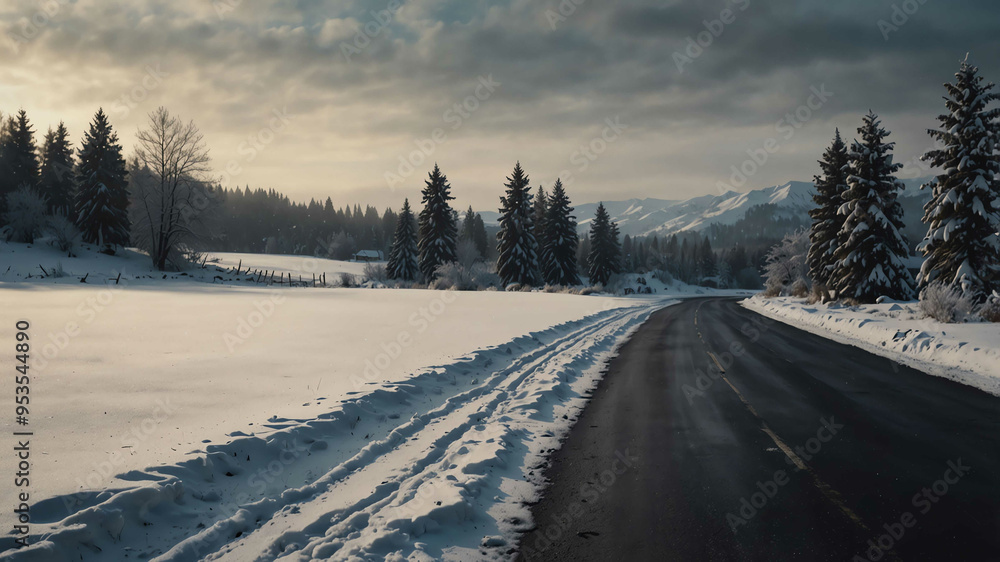 Snow covered road winding through winter landscape background Snow covered road winding through winter landscape background