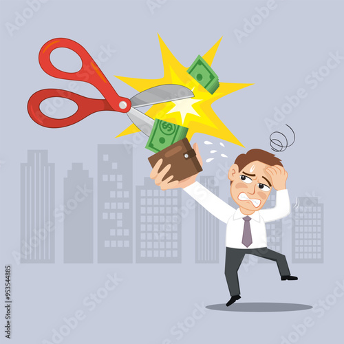 Employee salary man sad with scissors cutting money bill. Financial salary reduction concept. Flat, Vector, Illustration, Cartoon, EPS10.   