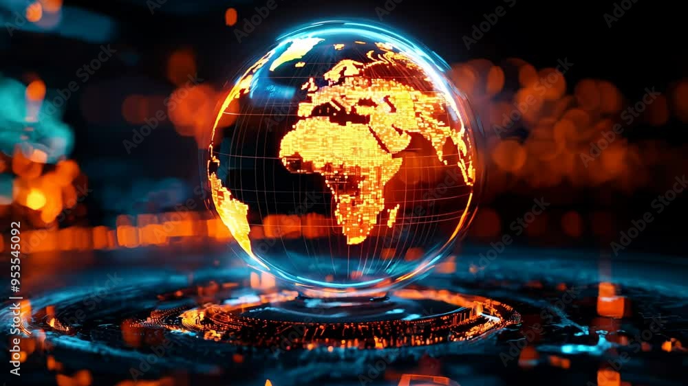 A captivating digital globe displays vibrant orange and blue lights, illuminating the continents in a mesmerizing way A captivating digital globe displays vibrant orange and blue lights, illuminating the continents in a mesmerizing way