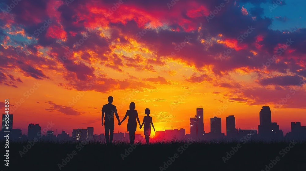 Silhouetted family at sunset, standing hand in hand with a colorful sky and distant city skyline, capturing a moment of togetherness. Silhouetted family at sunset, standing hand in hand with a colorful sky and distant city skyline, capturing a moment of togetherness.