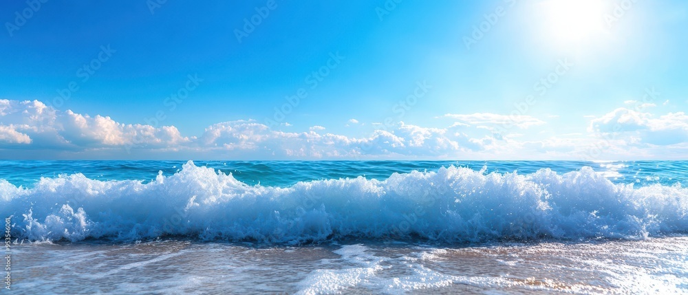 A serene ocean view with bright blue skies, rolling waves, and sunlight reflecting on the water, perfect for relaxation and inspiration. A serene ocean view with bright blue skies, rolling waves, and sunlight reflecting on the water, perfect for relaxation and inspiration.