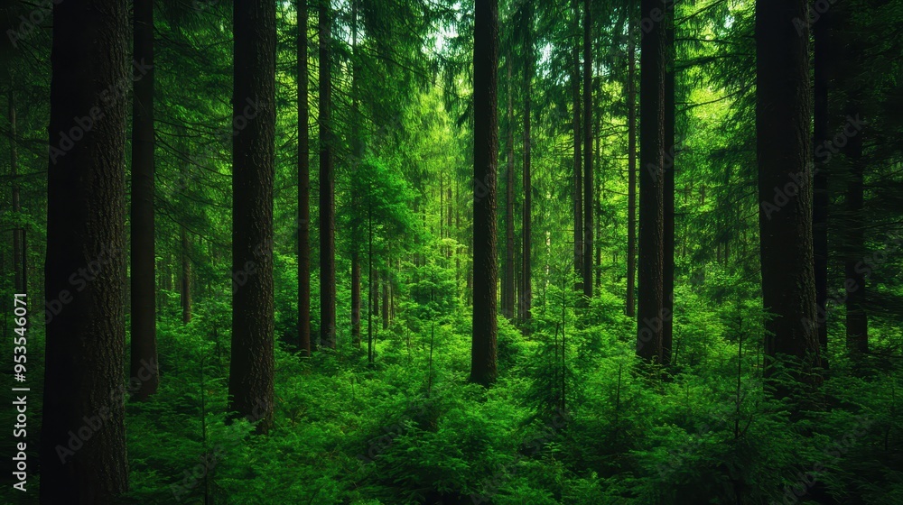 Lush green forest with tall trees and dense foliage, providing a serene and tranquil nature scene perfect for backgrounds and relaxation. Lush green forest with tall trees and dense foliage, providing a serene and tranquil nature scene perfect for backgrounds and relaxation.