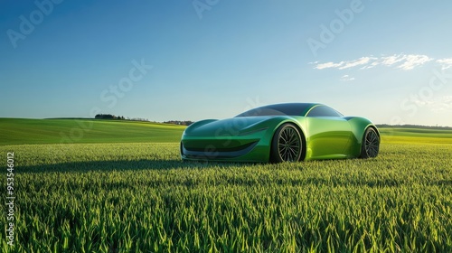 Sleek green concept car parked in a meadow of vibrant green grass, under a clear blue sky, representing environmentally friendly automotive design.