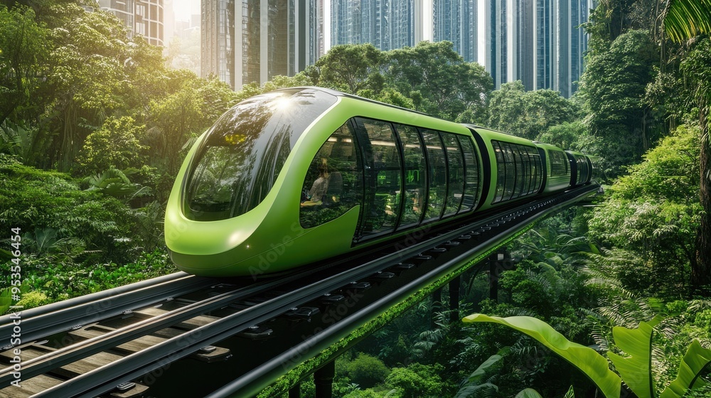Fototapeta premium Sleek green trains moving on elevated tracks surrounded by greenery, representing futuristic and sustainable transit solutions.