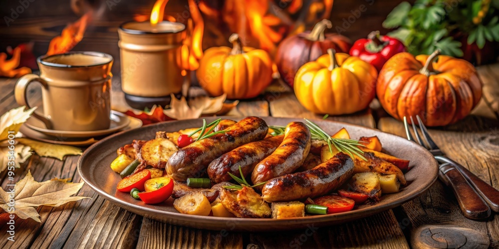 Autumn-themed dinner featuring savory sausage, roasted vegetables, and cozy ambiance, fall, dinner, autumn, sausage, roasted Autumn-themed dinner featuring savory sausage, roasted vegetables, and cozy ambiance, fall, dinner, autumn, sausage, roasted