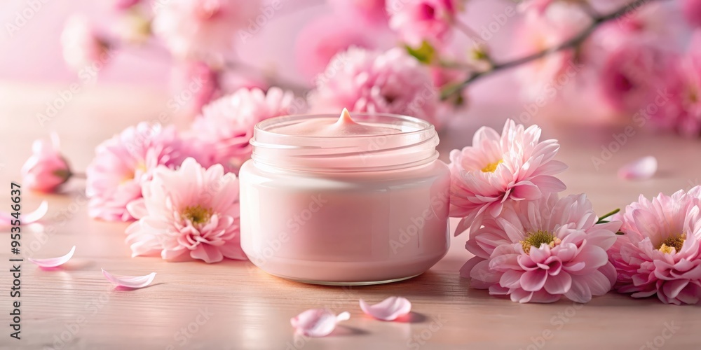 Pink lotion jar with pink flowers in the background, pink, lotion, jar, flowers, skincare, beauty, cosmetic, spa