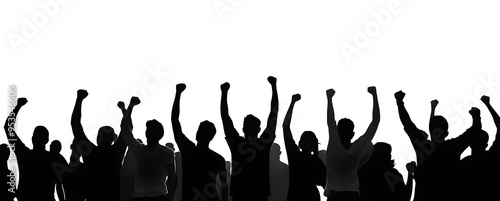 A striking black and white silhouette of a diverse crowd of people raising fists in unity and protest, depicting the power of collective action and social movements