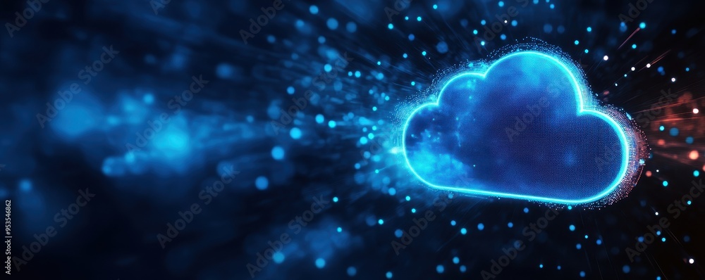 Futuristic blue digital cloud on a dark background, representing cloud computing, data storage, and technology in a glowing virtual environment. Futuristic blue digital cloud on a dark background, representing cloud computing, data storage, and technology in a glowing virtual environment.