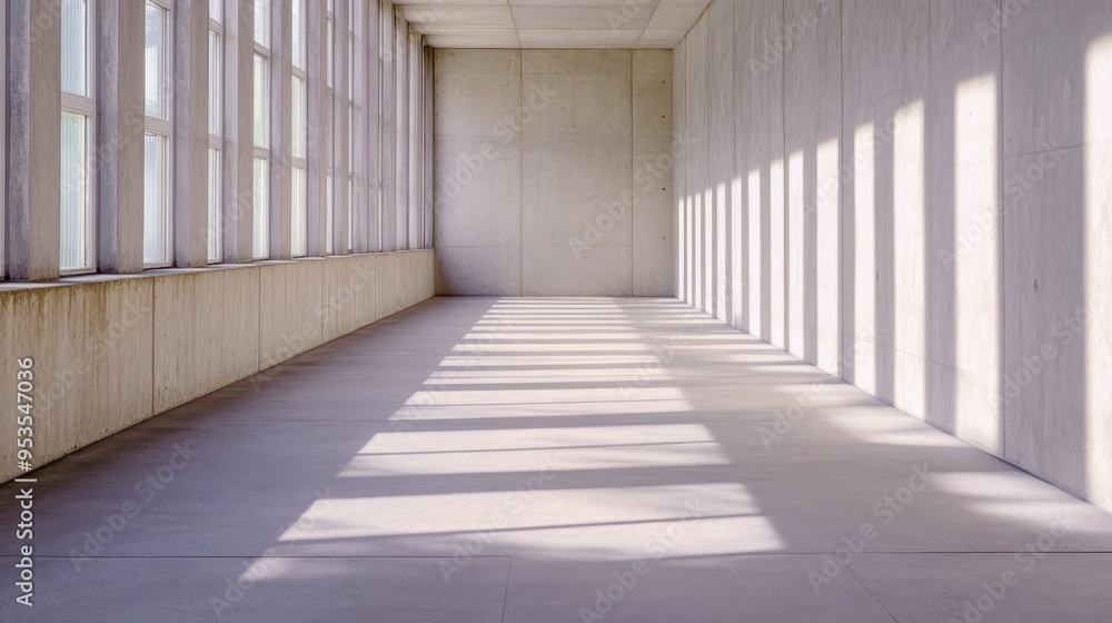 Empty corridor with large windows casting long shadows, creating a modern and minimalist architectural atmosphere. Empty corridor with large windows casting long shadows, creating a modern and minimalist architectural atmosphere.