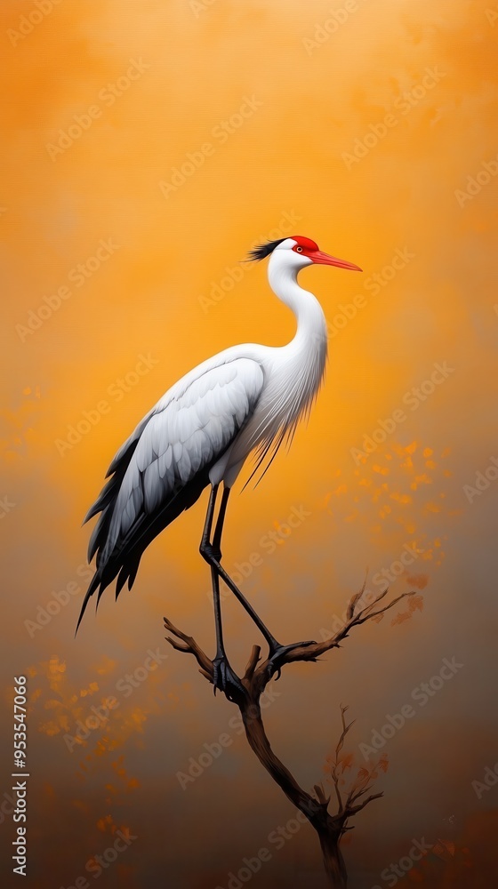 Naklejka premium Elegant crane perched on a branch against a vibrant orange sunset, showcasing natural beauty and wildlife in a serene moment.