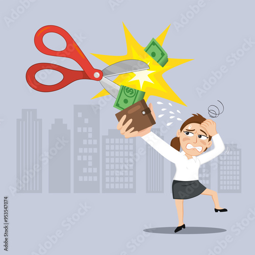 Employee salary woman sad with scissors cutting money bill. Financial salary reduction concept. Flat, Vector, Illustration, Cartoon, EPS10.   