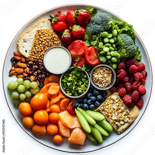 nutrition A balanced plate with colorful fruits, vegetables, grains, proteins, and dairy, each clearly labeled photo