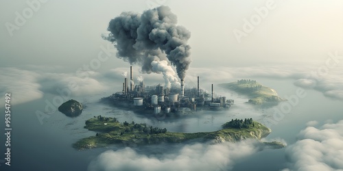 planet or island that vividly demonstrates the effects of emissions. The scene should show a small, isolated island or a distant planet with a heavy industrial area photo