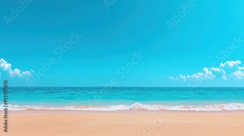 A tranquil beach scene with soft sand, clear turquoise water, and a bright blue sky, perfect for relaxation and vacation imagery.