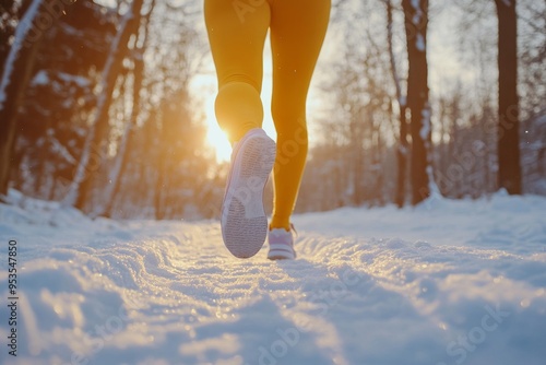 Fototapeta Naklejka Na Ścianę i Meble -  Close-up photo of a woman running through the snow in the forest