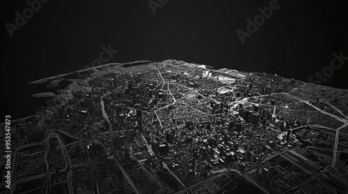 Technical aerial visual, 3D LiDAR GIS aerial map satellite scan model isolated, showing Quezon City, Philippines. Elevation, topography, render photo