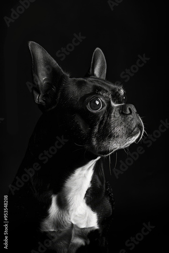 portrait studio photograph of boston terrier black and white