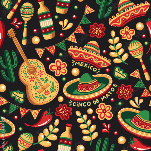 Mexican Cinco de Mayo Holiday Vector Seamless Pattern with Sombrero Hat, Guitar and Maraca. Latin Ethnic Festive Background Design