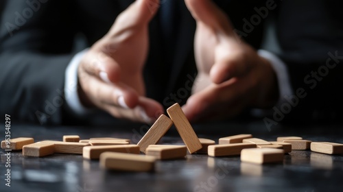 Businessman in suit with collapsed wooden blocks on desk, symbolizing failure or risk in corporate strategy.
