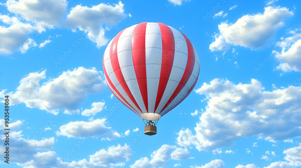 Red and White Hot Air Balloon Soaring Through Blue Sky with Clouds Red and White Hot Air Balloon Soaring Through Blue Sky with Clouds