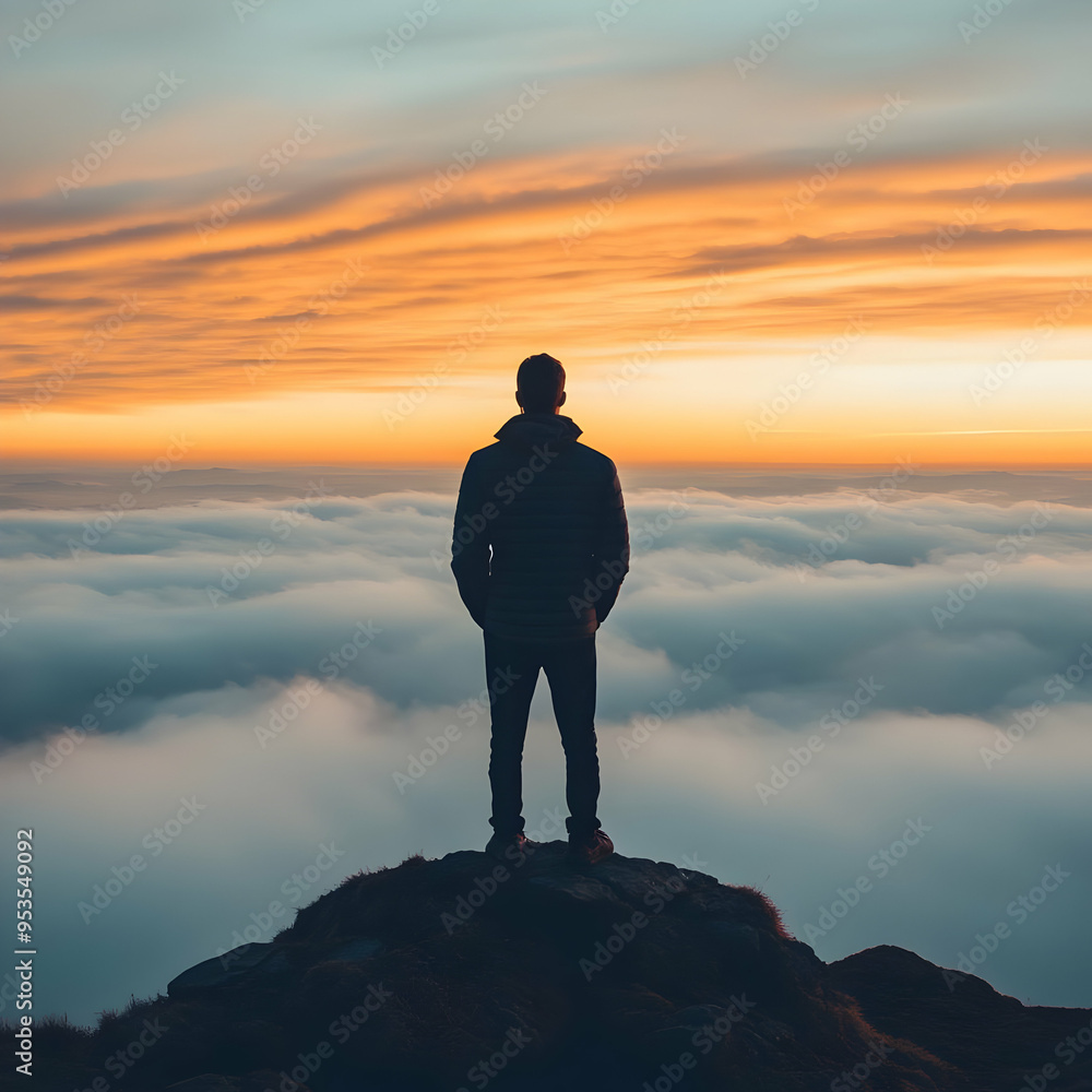 Man Standing on Mountain Peak at Sunset with Clouds Below Man Standing on Mountain Peak at Sunset with Clouds Below