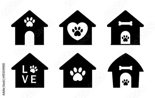 Doghouse kennel vector icon. Doghouse icon with bone, love, heart and paw symbol set. Doghouse vector Icon set in black and white color different shape. Vector illustration.